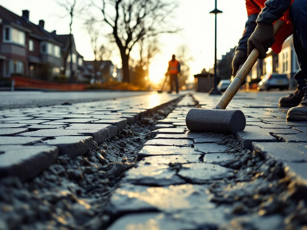 Wegwerkers leggen grijze straatklinkers op vorstbeschadigde Nederlandse straat, dragen oranje veiligheidsvesten