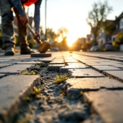Wegwerkers leggen grijze straatklinkers op Nederlandse woonstraat met beschadigde bestrating en onkruid