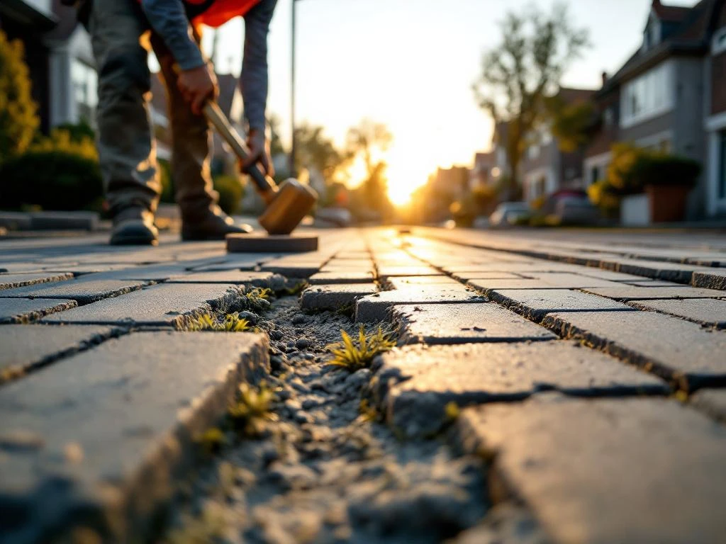 Wegwerkers leggen grijze straatklinkers op Nederlandse woonstraat met beschadigde bestrating en onkruid