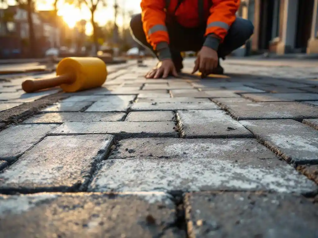 Bouwvakker in oranje veiligheidsvest onderzoekt grijze bestrating met witte uitslag en kalkafzetting op Nederlandse straat