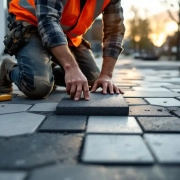 Bouwvakker legt donkere zeshoekige betonnen tegels op moderne Nederlandse straat tijdens gouden uur