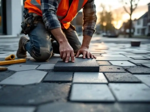 Bouwvakker legt donkere zeshoekige betonnen tegels op moderne Nederlandse straat tijdens gouden uur
