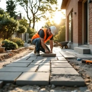 Bouwvakker legt grijze betonklinkers op oprit met rubberen hamer, draagt oranje veiligheidsvest bij gouden uurtje