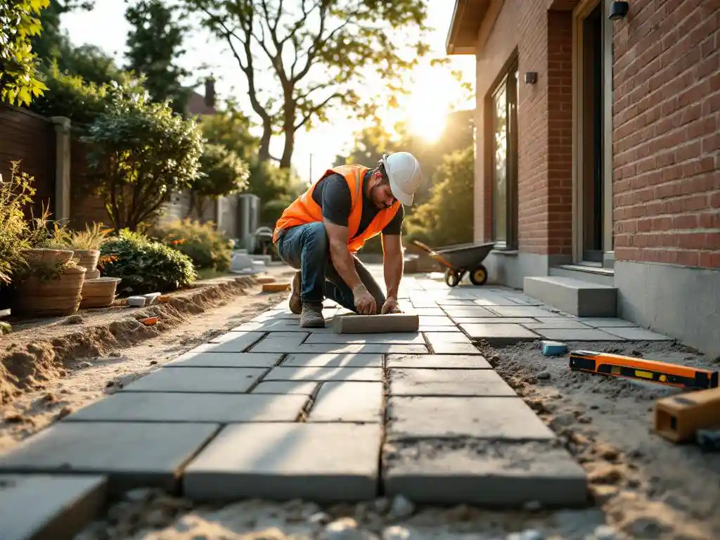 Bouwvakker legt grijze betonklinkers op oprit met rubberen hamer, draagt oranje veiligheidsvest bij gouden uurtje
