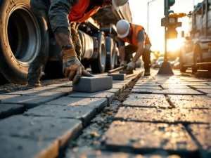 Bouwvakkers leggen grijze betonnen straatstenen op Nederlandse weg, arbeider met oranje vest gebruikt rubberen hamer