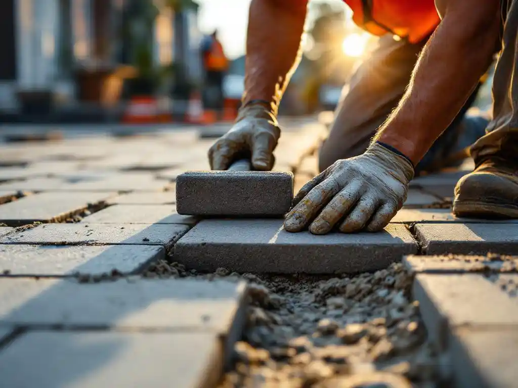 Bouwvakker in oranje veiligheidsvest legt grijze betonklinkers voor stoep, gebruikt rubberen hamer om stenen te nivelleren