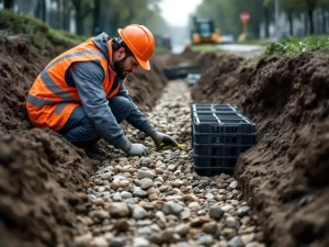 Bouwvakker in oranje vest onderzoekt bioswale en plastic kratmodules in sleuf, meetlint in hand op Nederlandse bouwplaats