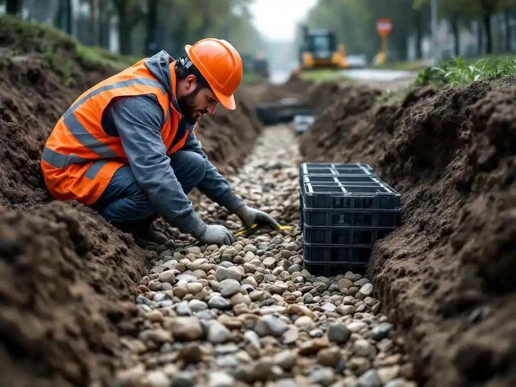 Bouwvakker in oranje vest onderzoekt bioswale en plastic kratmodules in sleuf, meetlint in hand op Nederlandse bouwplaats