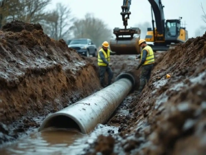 Bouwvakkers installeren betonnen drainagepijp in modderige sleuf met graafmachine op Nederlandse bouwplaats