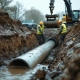 Bouwvakkers installeren betonnen drainagepijp in modderige sleuf met graafmachine op Nederlandse bouwplaats