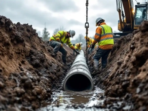 Bouwvakkers installeren grote betonnen drainagebuis in modderige sleuf, graafmachine op achtergrond, Nederlandse bouwplaats