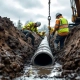 Bouwvakkers installeren grote betonnen drainagebuis in modderige sleuf, graafmachine op achtergrond, Nederlandse bouwplaats