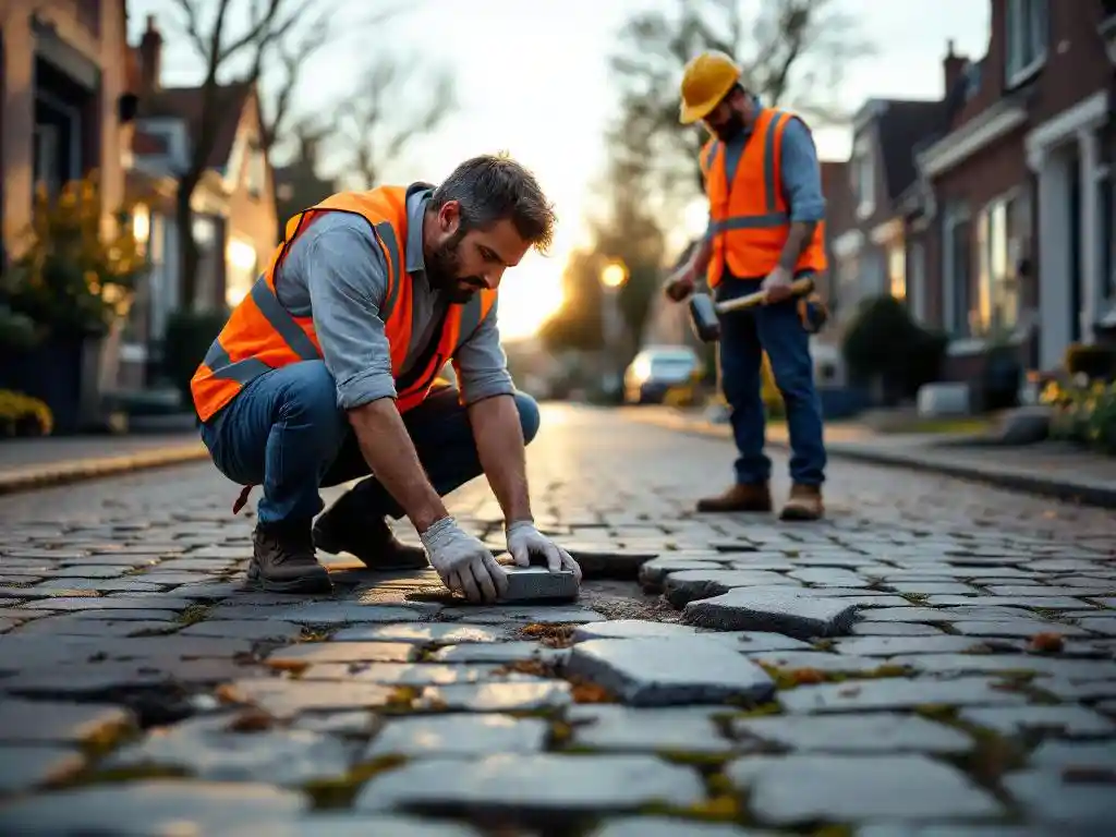 Huiseigenaar onderzoekt losse klinkers terwijl aannemer met hamer advies geeft op Nederlandse straat