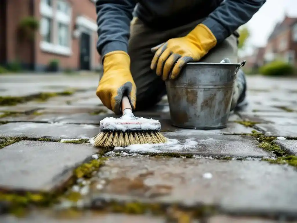 Persoon schrobt grijze betonnen tegels schoon met borstel en zeepsop, draagt werkkleding en handschoenen op Nederlandse straat