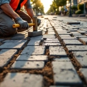 Bouwvakker legt grijze straatklinkers met verschillende texturen op Nederlandse straat, draagt oranje veiligheidsvest
