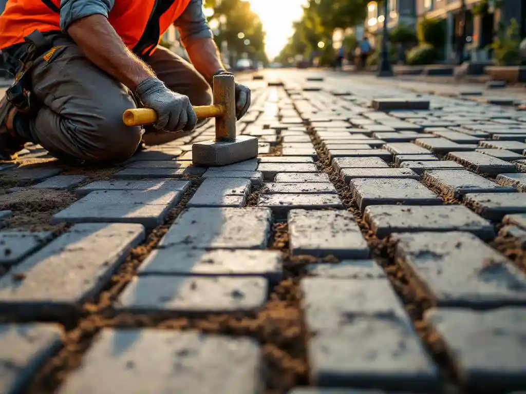 Bouwvakker legt grijze straatklinkers met verschillende texturen op Nederlandse straat, draagt oranje veiligheidsvest