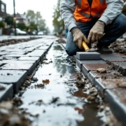 Bouwvakker installeert grijze waterdoorlatende bestrating op natte Nederlandse straat, regenwater sijpelt door voegen