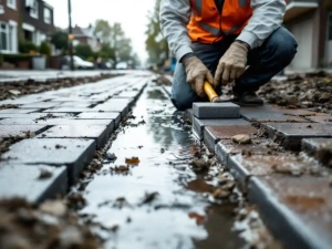 Bouwvakker installeert grijze waterdoorlatende bestrating op natte Nederlandse straat, regenwater sijpelt door voegen