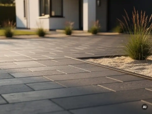 Antraciet betonnen opriттегels in lineair verband op moderne Nederlandse oprit, flankeerd door siergras in gouden middaglicht.