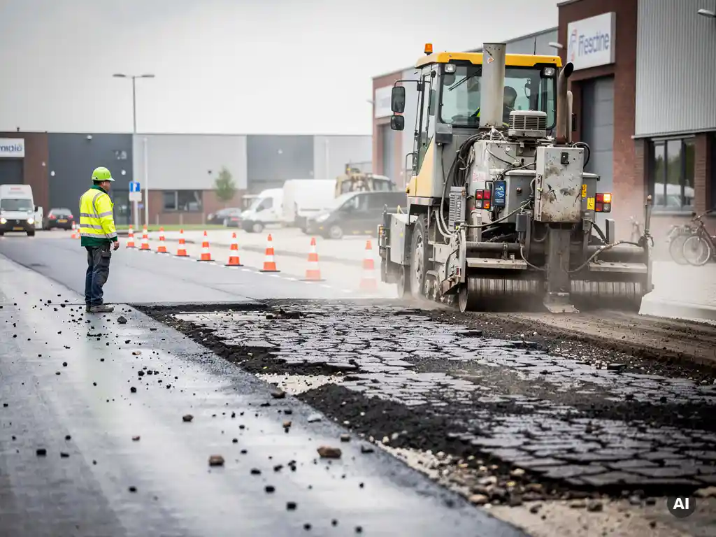 Asfalteermachine freest verouderd wegdek op Nederlands bedrijventerrein, arbeider in fluovest toezicht houdend, oranje verkeerskegels langs de rand.