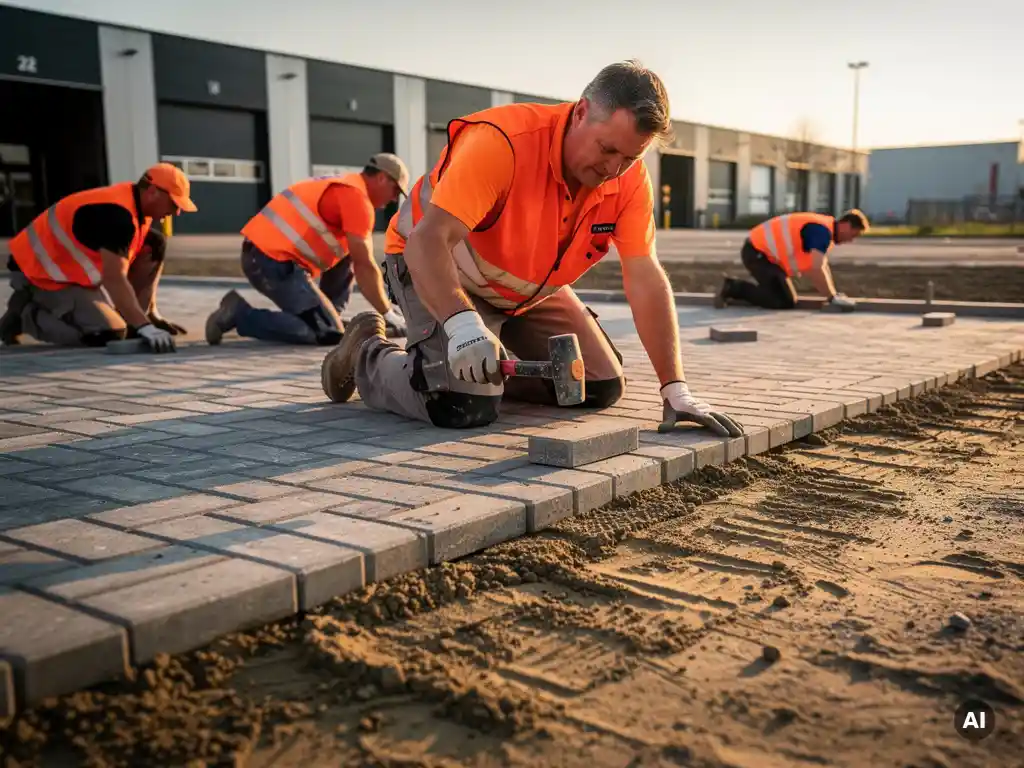 Arbeiders leggen grijze betonklinkers op industrieterrein, rubber hamer in actie, zandbed zichtbaar, oranje veiligheidsvesten, gouden uurtlicht.