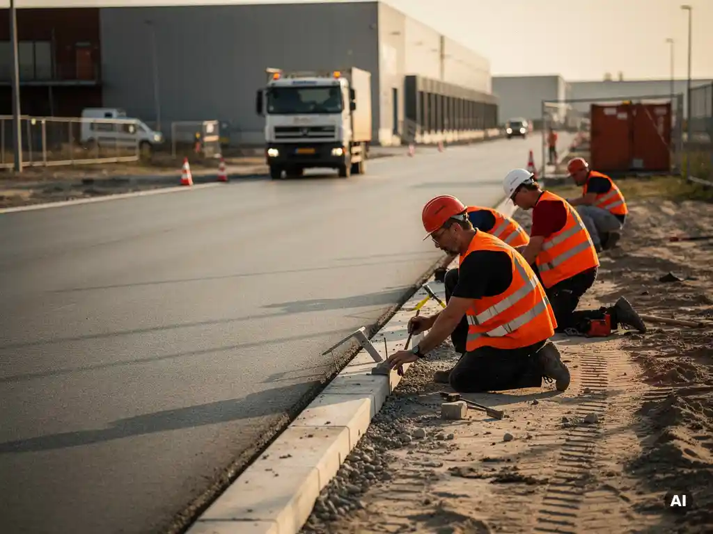 Arbeiders in oranje veiligheidsvesten afwerken betonrand van nieuw geasfalteerde toegangsweg naar logistiek magazijn in Nederland.