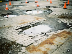 Beschadigde parkeerplaats met gebarsten bestrating, ongelijke asfaltpatches en plassen regenwater, oranje verkeerskegels markeren gevaarlijke zones.