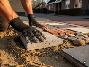 Vakman drukt betonklinker in zandbed, omringd door bestratingsmonsters zoals kassei, baksteen en tegels op Nederlandse straat.