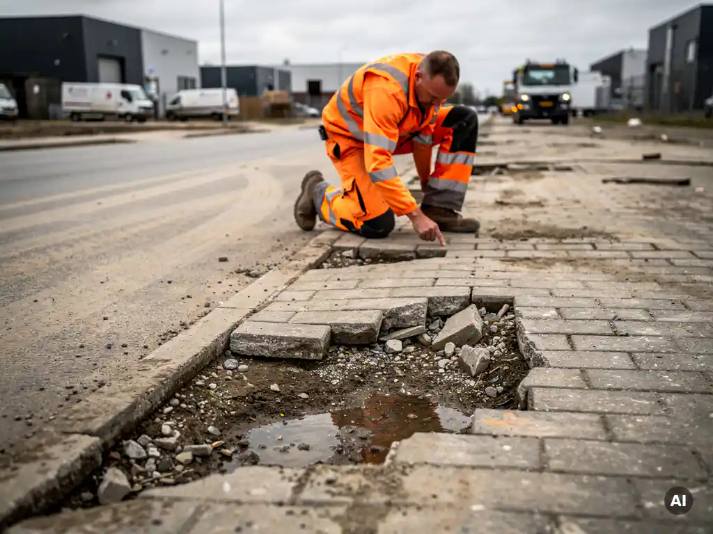 Medewerker in oranje veiligheidsvest inspecteert gebarsten en verzakte betonklinkers op een versleten industrieterreinweg.