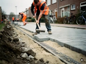 Straatmakers leggen betonklinkers op een Nederlandse woonstraat, met zichtbaar zandbed, afvoergoot en oranje hesjes.