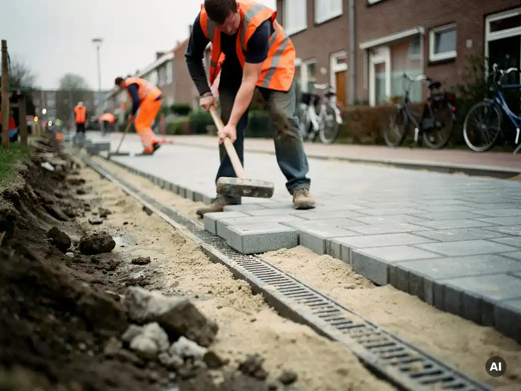 Straatmakers leggen betonklinkers op een Nederlandse woonstraat, met zichtbaar zandbed, afvoergoot en oranje hesjes.