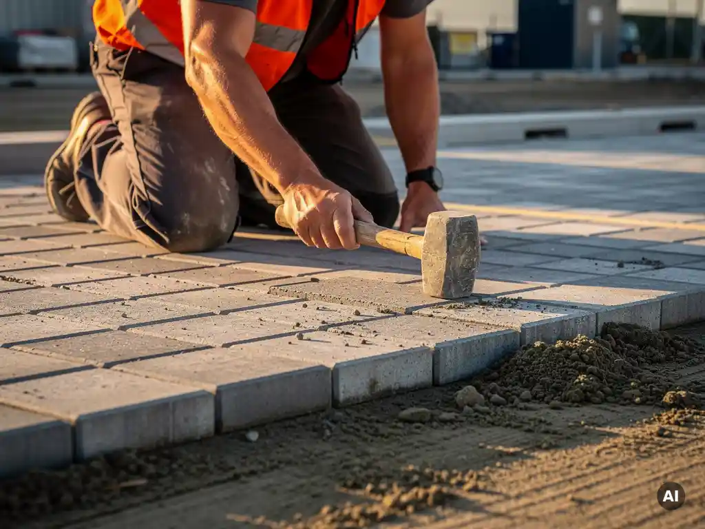 Vakman in oranje veiligheidsvest legt betonklinkers op zandbed in parkeerplaats, rubber hamer in hand, gouden middaglicht.