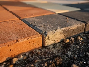 Bestratingssteenmonsters in terracotta, antraciet en zandbeige naast elkaar op verdicht grind, één vervaagd door zon en weer.
