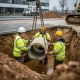 Arbeiders in fluorescerende vesten plaatsen betonnen drainagepijp in modderige bouwput met graafmachine op industrieel terrein.