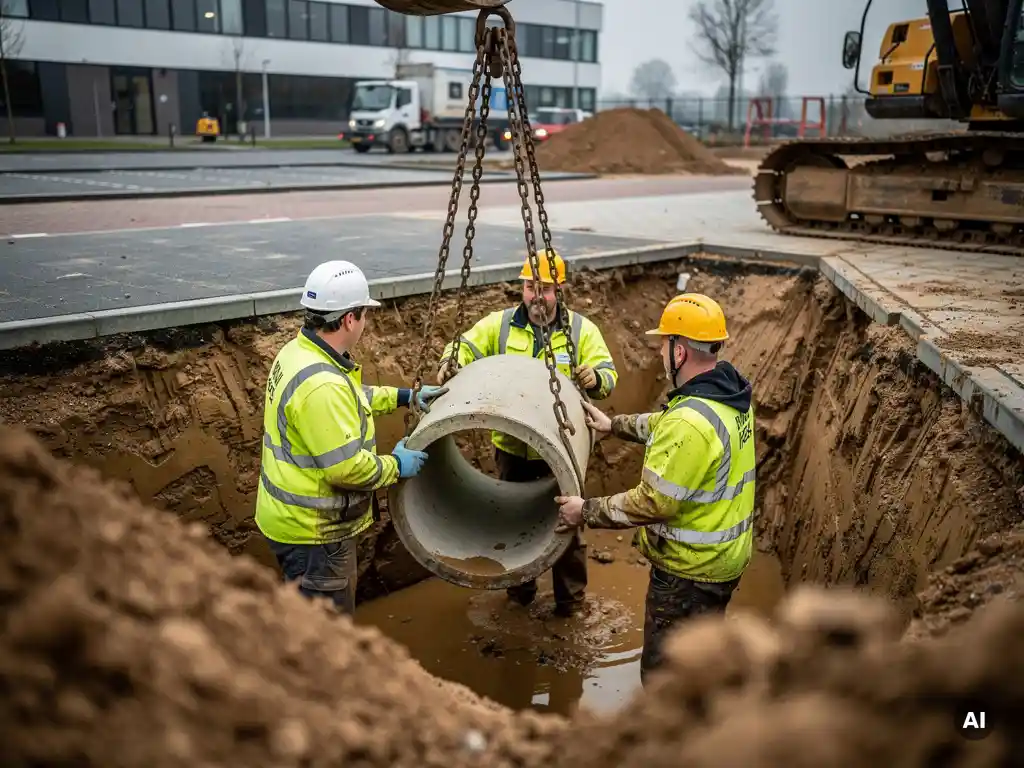 Arbeiders in fluorescerende vesten plaatsen betonnen drainagepijp in modderige bouwput met graafmachine op industrieel terrein.