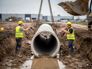 Twee bouwvakkers in gele veiligheidsvesten begeleiden plaatsing van betonnen drainagepijp in modderige bouwput, graafmachine hijst pijp met kettingen.