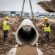 Twee bouwvakkers in gele veiligheidsvesten begeleiden plaatsing van betonnen drainagepijp in modderige bouwput, graafmachine hijst pijp met kettingen.