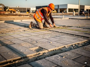 Inspecteur in oranje veiligheidsvest meet betonklinkers op nieuw aangelegde parkeerplaats bedrijventerrein, late middagzon.