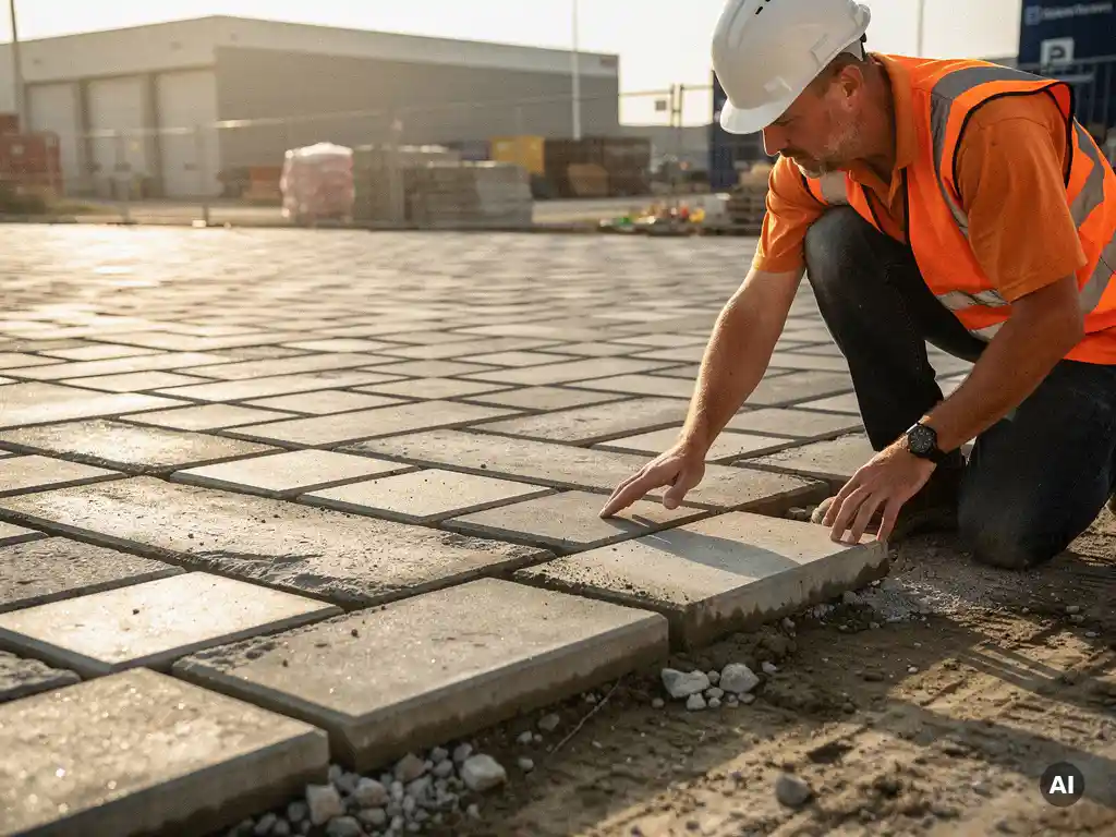 Bouwvakker in oranje veiligheidsvest inspecteert verse betonklinkers op Nederlands industrieterrein, geknield in middagzon.