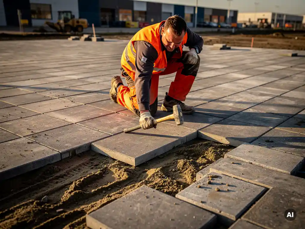 Vakman in oranje veiligheidsvest legt betonnen industriële klinkers op zandbed bij bedrijventerrein, rubberen hamer in hand.