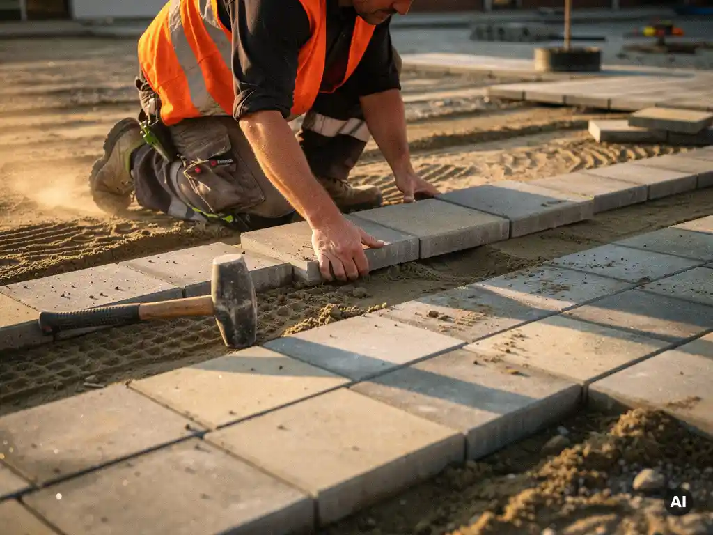 Vakman in oranje veiligheidsvest legt betonnen straatklinkers op zandbed bij bedrijventerrein, rubberen hamer op de grond, gouden uurtje.