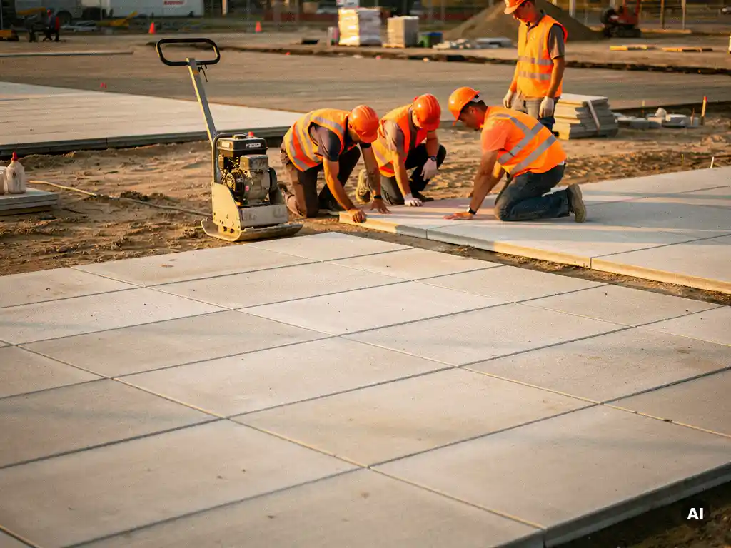 Arbeiders in oranje vesten leggen betonklinkers op industrieterrein, compactor op zandbedding, gouden middaglicht op textuur.