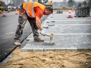 Vakman in oranje veiligheidsvest legt betonklinkers op zandbed bij parkeerterreinaanleg, rubber hamer mid-swing, ooghoogte perspectief.