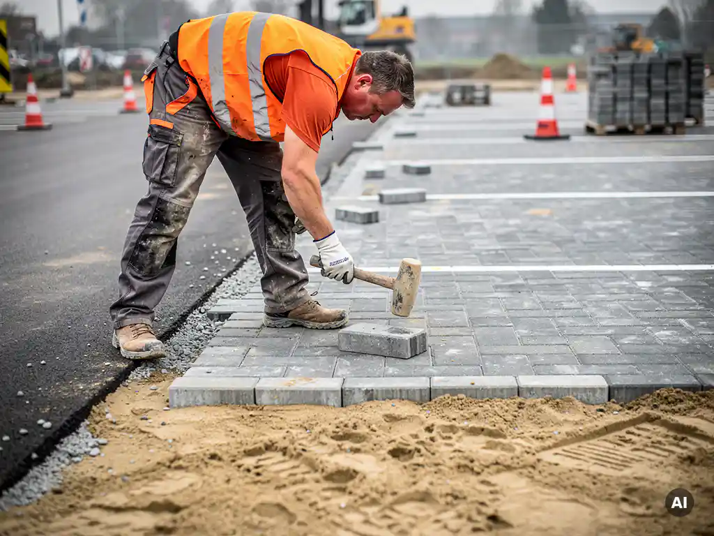 Vakman in oranje veiligheidsvest legt betonklinkers op zandbed bij parkeerterreinaanleg, rubber hamer mid-swing, ooghoogte perspectief.
