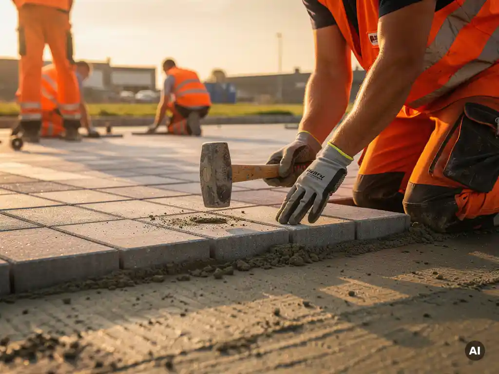 Arbeiders leggen grijze betonklinkers op een parkeerterrein, rubberen hamer in beweging, oranje veiligheidsvesten in goudkleurig avondlicht.