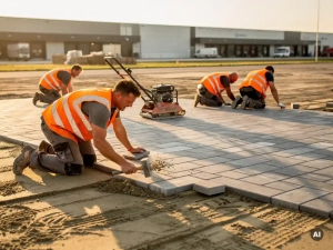 Arbeiders in oranje vesten leggen grijze betonklinkers op een zandbedding in een industrieel parkeerterrein tijdens gouden avondlicht.