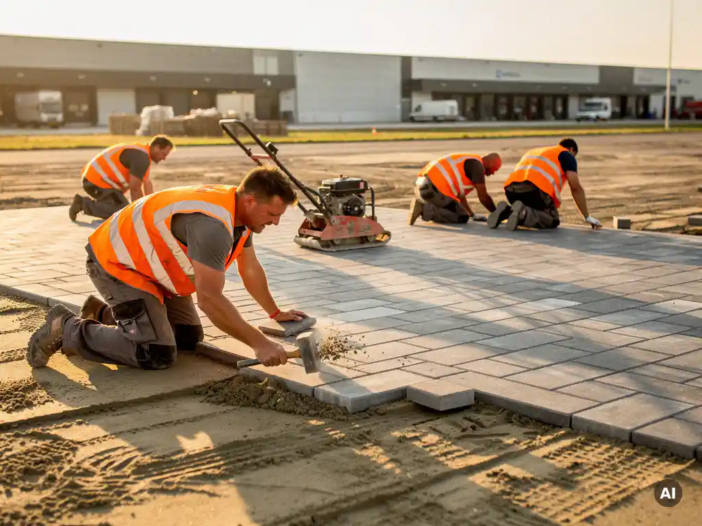 Arbeiders in oranje vesten leggen grijze betonklinkers op een zandbedding in een industrieel parkeerterrein tijdens gouden avondlicht.