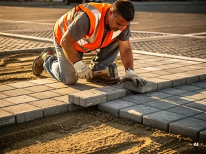 Vakman in oranje veiligheidsvest legt grijze betonklinkers op zandbed in parkeerplaats, rubberen hamer in beweging, gouden uursbelichting.