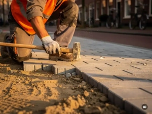 Stratenmaker in oranje veiligheidsvest legt betonklinkers op zandbed in Nederlandse gemeentestraat tijdens gouden uur.