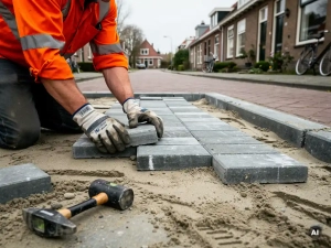 Straatmaker in oranje veiligheidsvest legt grijze betonklinkers op een Nederlandse woonstraat met rubber hamer en zandbedding.
